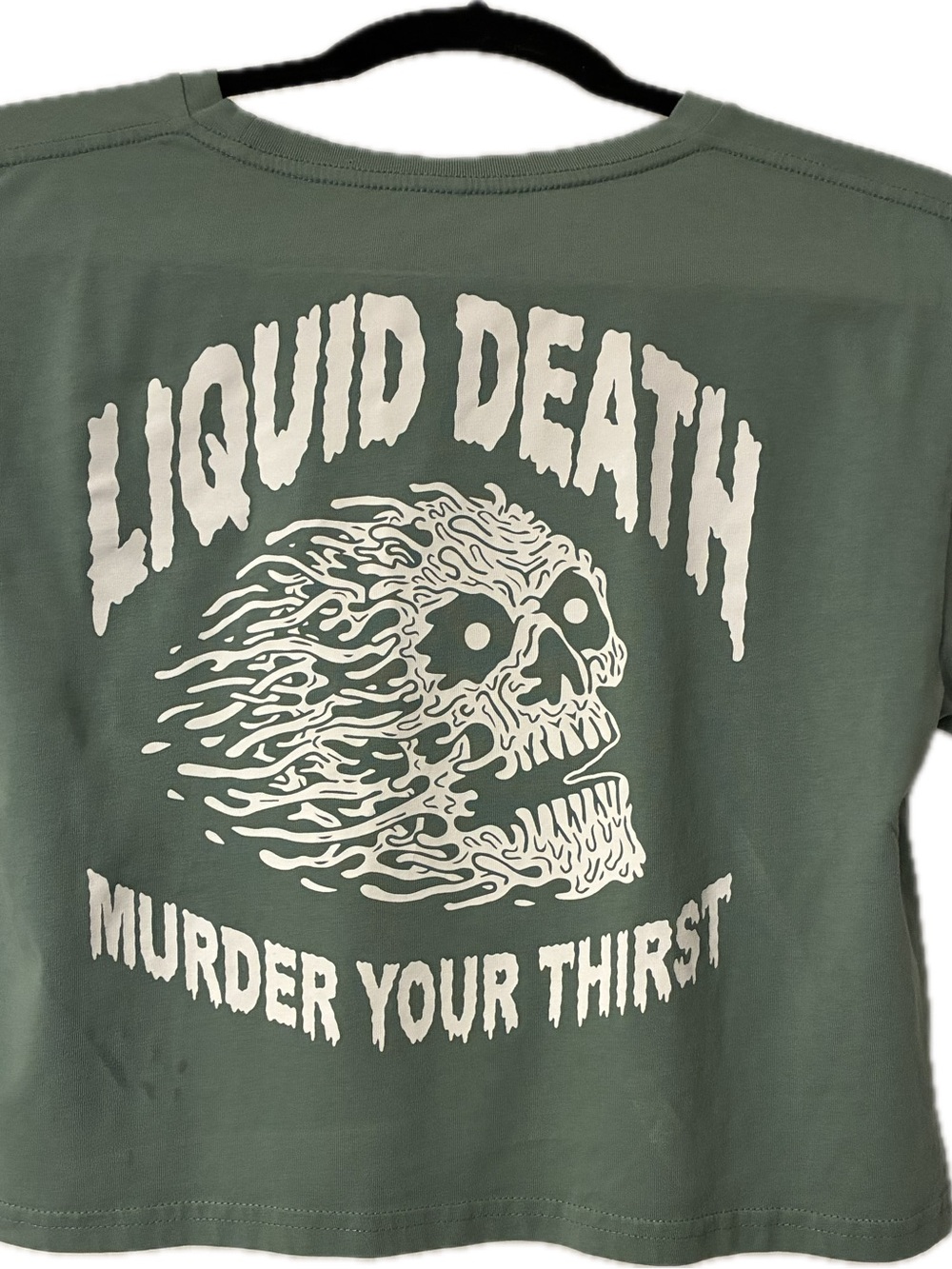 Liquid Death 'Murder Your Thirst' Women’s Graphic Cropped Tee in Olive Green